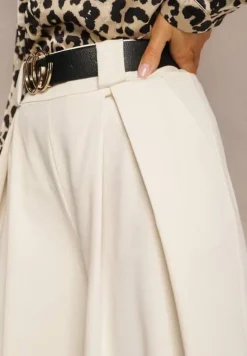 Beżowe Spodnie High Waist z Szerokimi Nogawkami i Paskiem Brillara