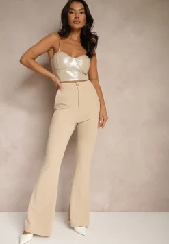 Beżowe Spodnie High Waist Dzwony z Wiskozą Blazza