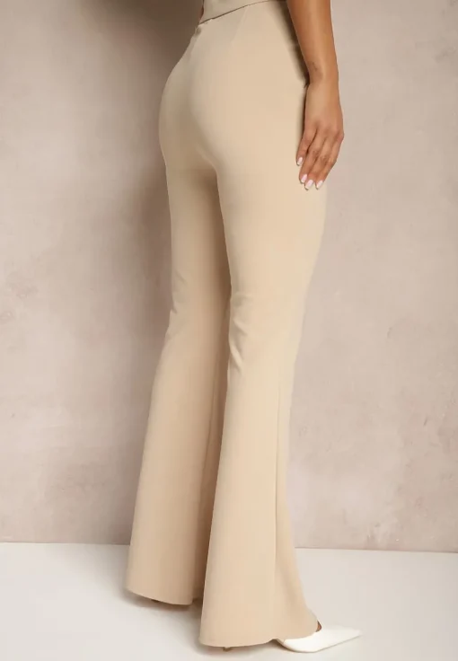 Beżowe Spodnie High Waist Dzwony z Wiskozą Blazza