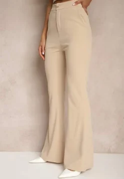 Beżowe Spodnie High Waist Dzwony z Wiskozą Blazza