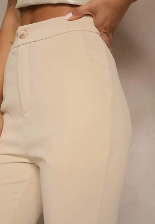 Beżowe Spodnie High Waist Dzwony z Wiskozą Blazza