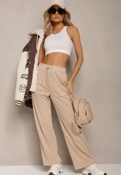 Beżowe Spodnie High Waist o Luźnym Fasonie z Łańcuszkiem przy Pasie Ustar