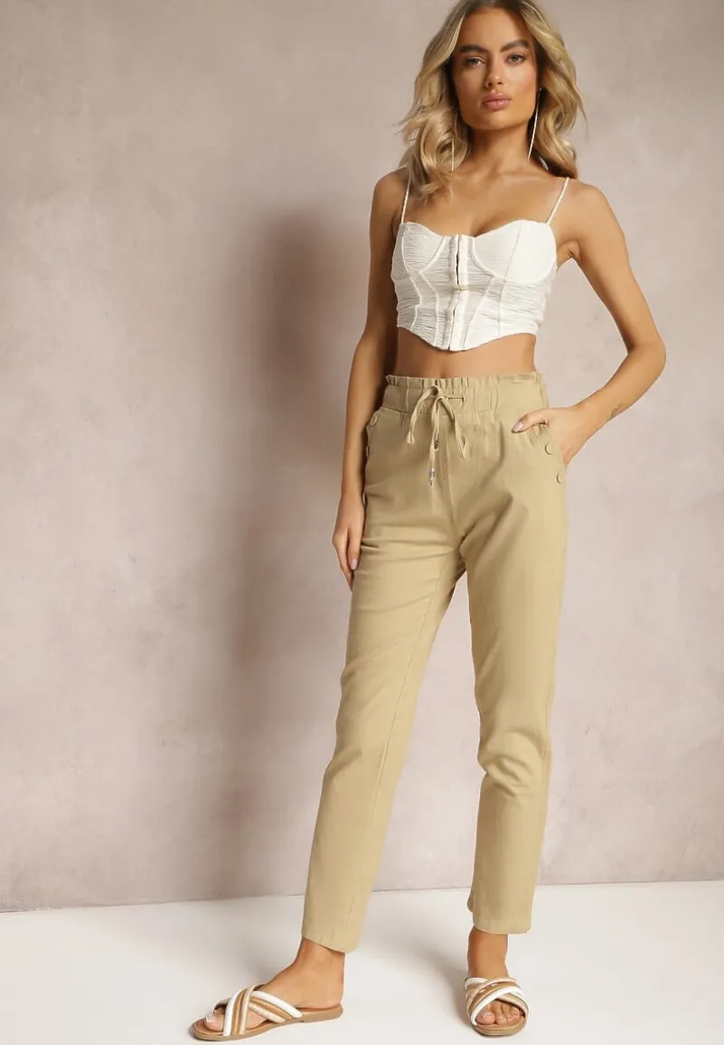 Beżowe Spodnie High Waist ze Sznurkami i Guzikami Arifea