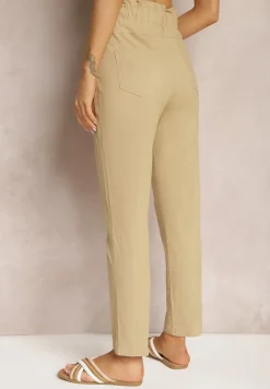 Beżowe Spodnie High Waist ze Sznurkami i Guzikami Arifea