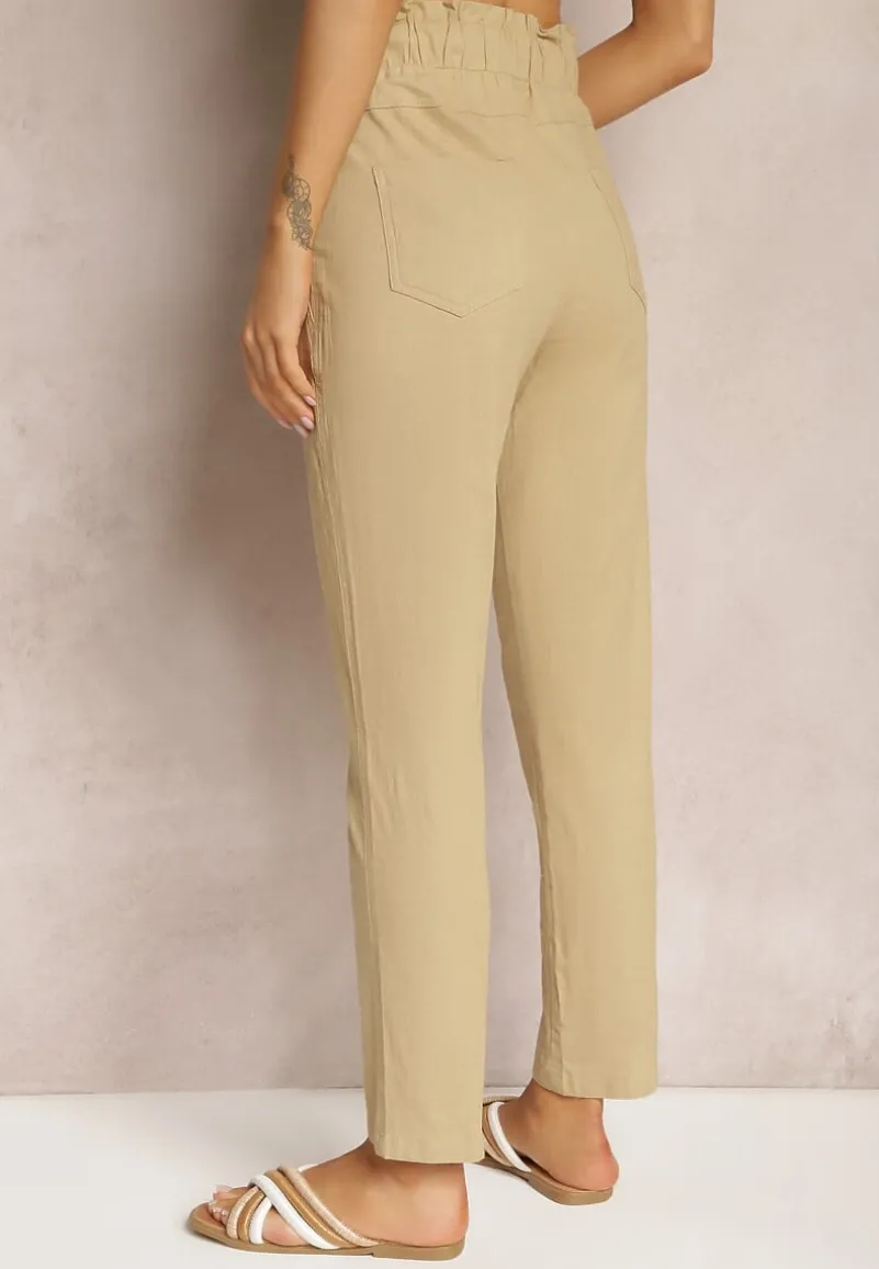 Beżowe Spodnie High Waist ze Sznurkami i Guzikami Arifea