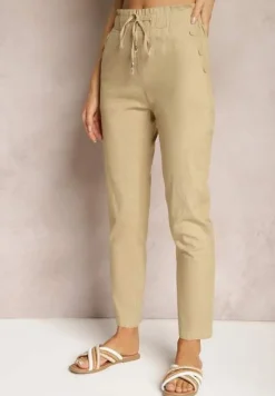 Beżowe Spodnie High Waist ze Sznurkami i Guzikami Arifea