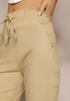 Beżowe Spodnie High Waist ze Sznurkami i Guzikami Arifea