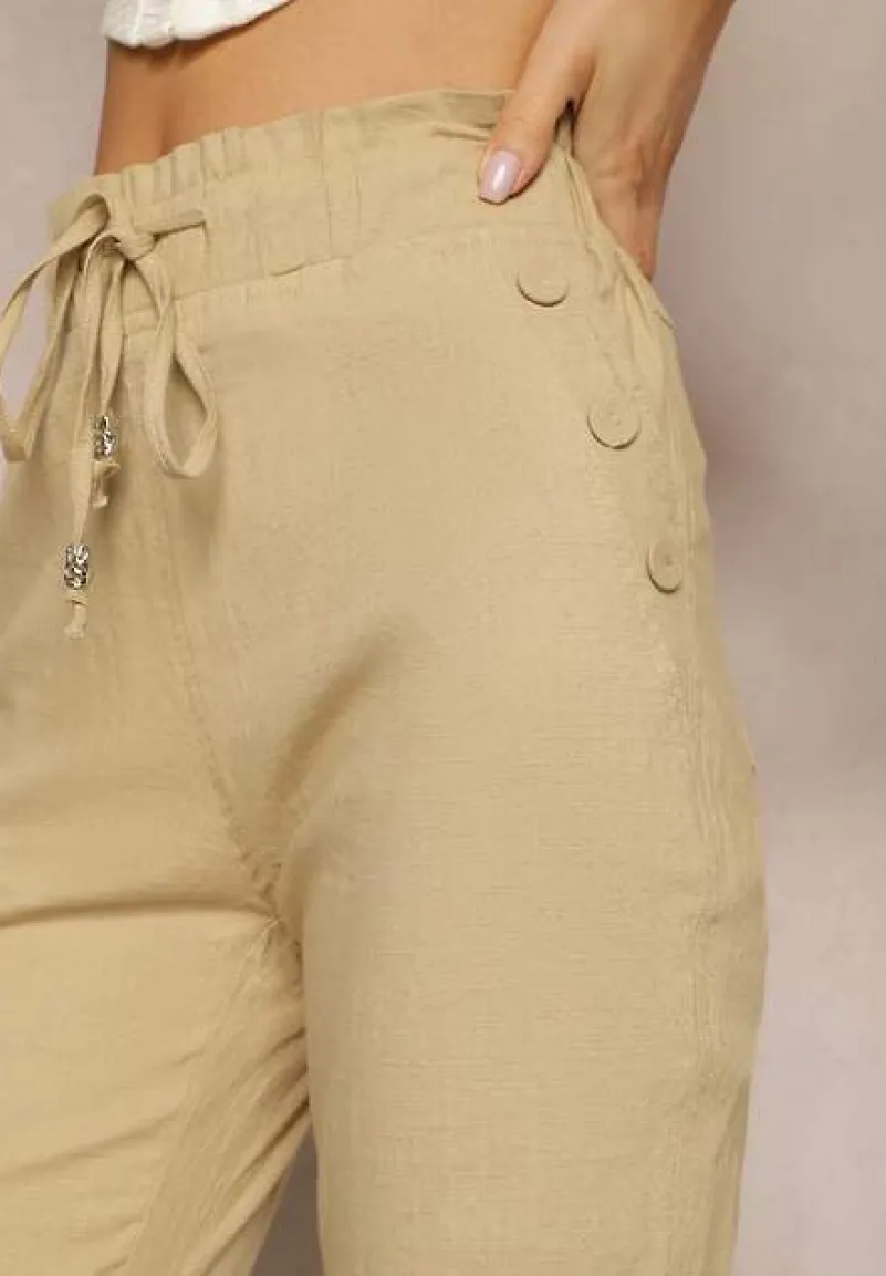 Beżowe Spodnie High Waist ze Sznurkami i Guzikami Arifea
