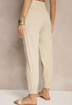 Beżowe Spodnie Joggery z Bawełny High Waist ze Sznurowaniem Xarvania