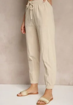 Beżowe Spodnie Joggery z Bawełny High Waist ze Sznurowaniem Xarvania