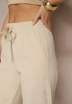 Beżowe Spodnie Joggery z Bawełny High Waist ze Sznurowaniem Xarvania