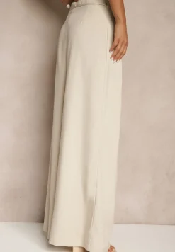 Beżowe Spodnie o Szerokim Kroju High Waist z Kwiatem 3D Firalisse