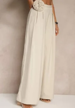 Beżowe Spodnie o Szerokim Kroju High Waist z Kwiatem 3D Firalisse