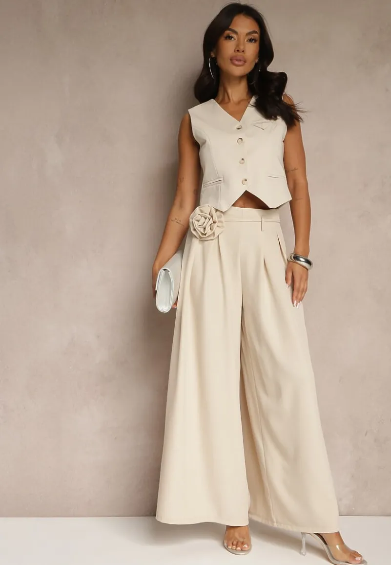 Beżowe Spodnie Palazzo Ozdobione Broszką Kwiatem Lirace