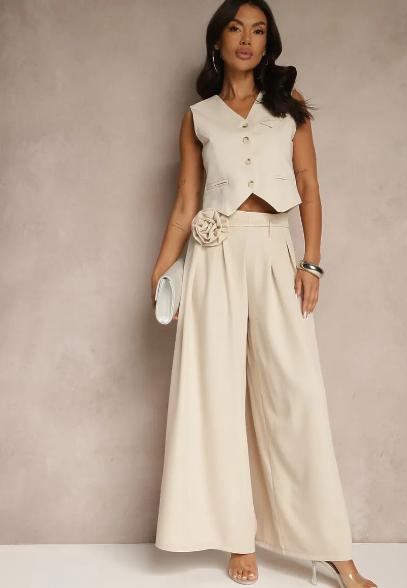 Beżowe Spodnie Palazzo Ozdobione Broszką Kwiatem Lirace