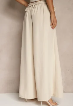 Beżowe Spodnie Palazzo Ozdobione Broszką Kwiatem Lirace