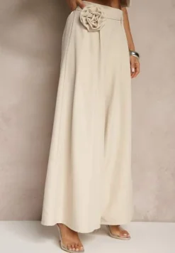 Beżowe Spodnie Palazzo Ozdobione Broszką Kwiatem Lirace