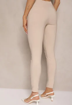 Beżowe Spodnie Skinny z Bawełną i Ozdobnymi Guzikami Arrimarela