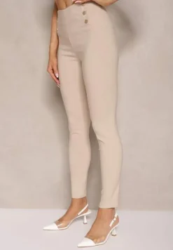 Beżowe Spodnie Skinny z Bawełną i Ozdobnymi Guzikami Arrimarela
