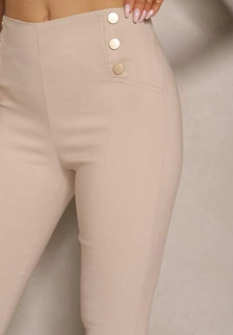 Beżowe Spodnie Skinny z Bawełną i Ozdobnymi Guzikami Arrimarela