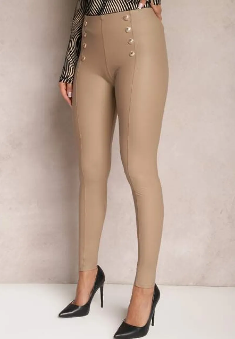 Beżowe Spodnie Skinny z Biżuteryjnymi Guzikami i Gumką w Talii Mizzaka