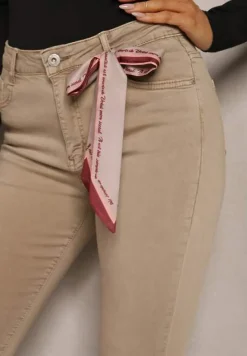 Beżowe Spodnie Skinny z Wysokim Stanem i Ozdobną Chustką Hyadia