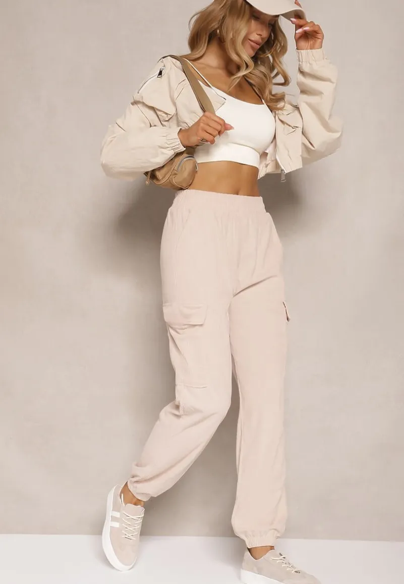 Beżowe Spodnie Typu Cargo High Waist Worseli