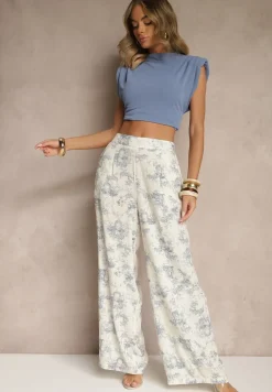 Beżowe Spodnie z Bawełny o Szerokim Kroju High Waist Tilressa