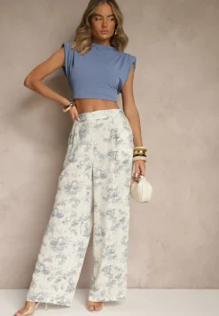 Beżowe Spodnie z Bawełny o Szerokim Kroju High Waist Tilressa