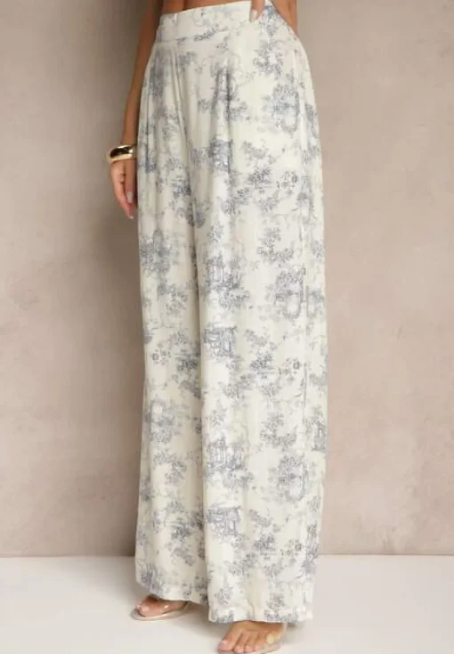 Beżowe Spodnie z Bawełny o Szerokim Kroju High Waist Tilressa