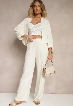 Beżowe Spodnie z Lnem i Bawełną o Szerokim Kroju High Waist Sallieta