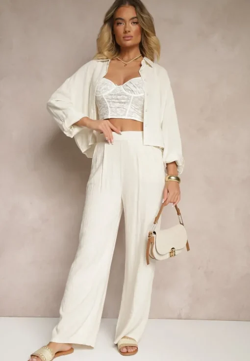 Beżowe Spodnie z Lnem i Bawełną o Szerokim Kroju High Waist Sallieta