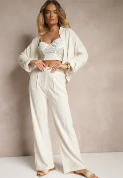 Beżowe Spodnie z Lnem i Bawełną o Szerokim Kroju High Waist Sallieta