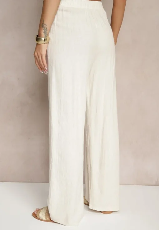 Beżowe Spodnie z Lnem i Bawełną o Szerokim Kroju High Waist Sallieta