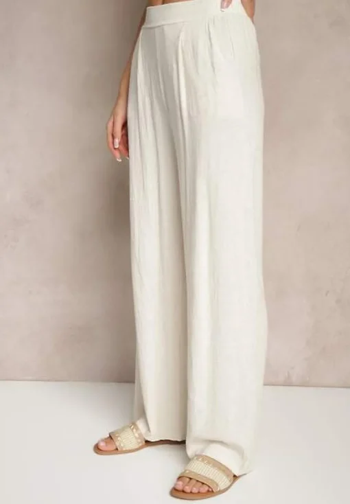 Beżowe Spodnie z Lnem i Bawełną o Szerokim Kroju High Waist Sallieta