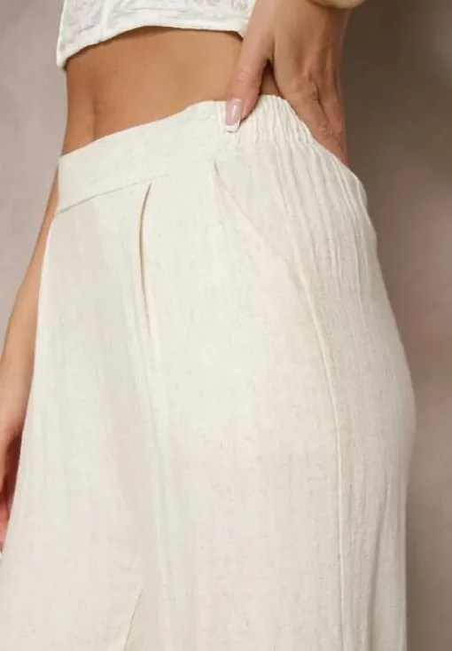 Beżowe Spodnie z Lnem i Bawełną o Szerokim Kroju High Waist Sallieta
