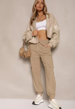 Beżowe Spodnie z Wiskozą Cargo High Waist Arrioelle