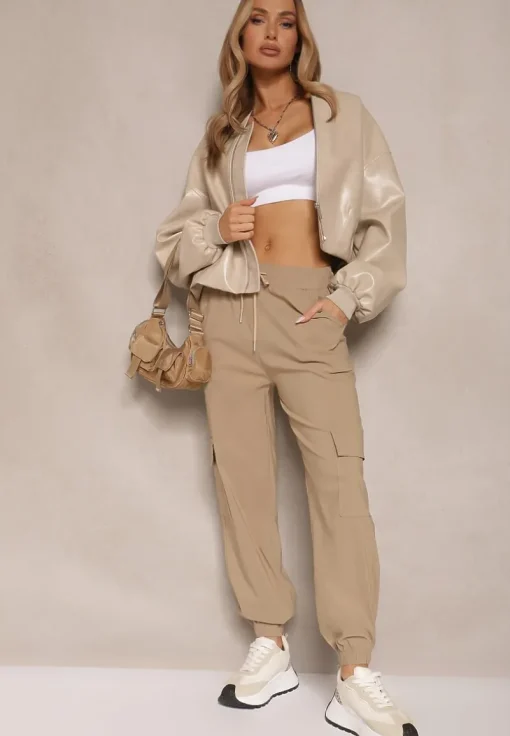 Beżowe Spodnie z Wiskozą Cargo High Waist Arrioelle