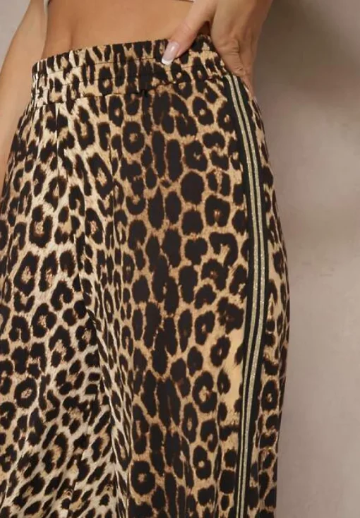 Beżowe Spodnie z Wiskozą High Waist o Szerokim Kroju z Lampasami Elosina