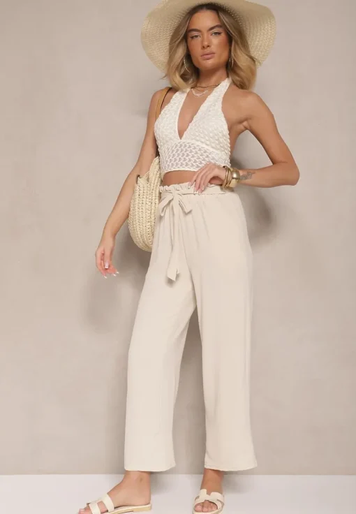 Beżowe Spodnie z Wiskozą o Szerokim Kroju High Waist z Wiązaniem Ivelwia