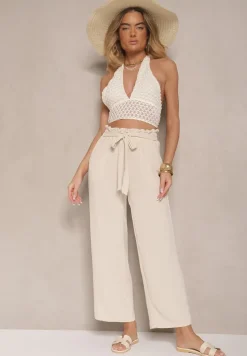 Beżowe Spodnie z Wiskozą o Szerokim Kroju High Waist z Wiązaniem Ivelwia
