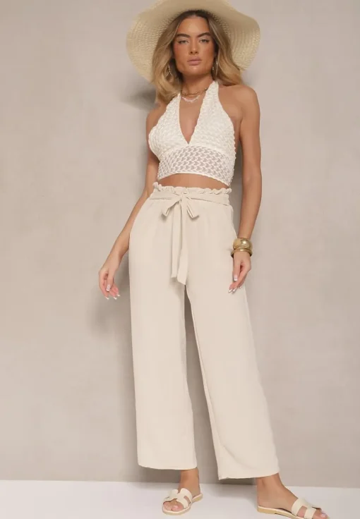 Beżowe Spodnie z Wiskozą o Szerokim Kroju High Waist z Wiązaniem Ivelwia