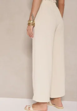 Beżowe Spodnie z Wiskozą o Szerokim Kroju High Waist z Wiązaniem Ivelwia