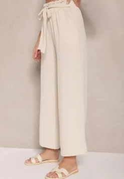 Beżowe Spodnie z Wiskozą o Szerokim Kroju High Waist z Wiązaniem Ivelwia