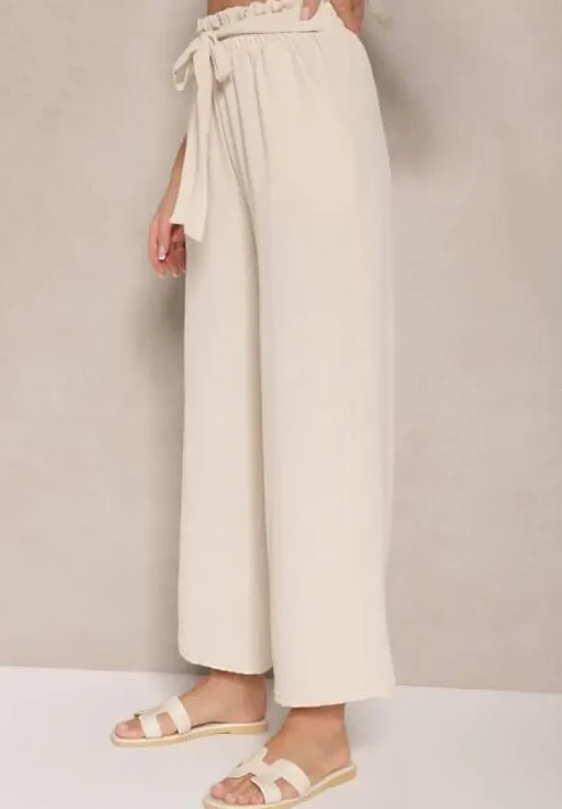 Beżowe Spodnie z Wiskozą o Szerokim Kroju High Waist z Wiązaniem Ivelwia