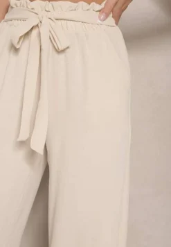 Beżowe Spodnie z Wiskozą o Szerokim Kroju High Waist z Wiązaniem Ivelwia