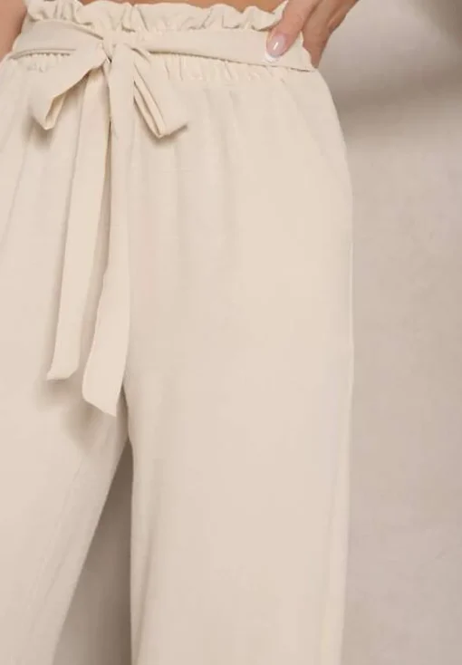 Beżowe Spodnie z Wiskozą o Szerokim Kroju High Waist z Wiązaniem Ivelwia