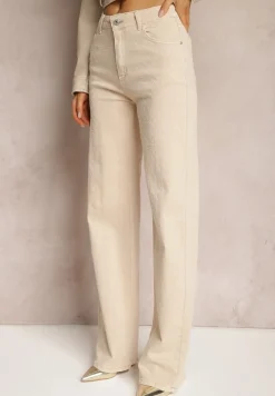 Beżowe Szerokie Jeansy z Bawełnianej Tkaniny Plumeti High Waist Rrisa