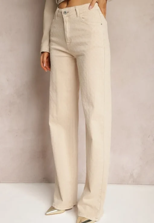 Beżowe Szerokie Jeansy z Bawełnianej Tkaniny Plumeti High Waist Rrisa