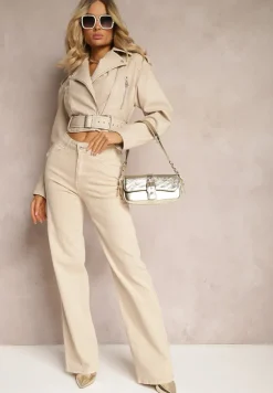 Beżowe Szerokie Jeansy z Bawełnianej Tkaniny Plumeti High Waist Rrisa